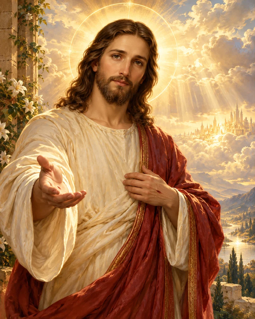 Sacred digital oil painting of Jesus Christ with a glowing golden halo, heavenly light and an outstretched hand symbolizing love and compassion.