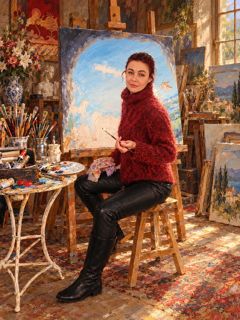 Woman artist in studio, fine art oil painting