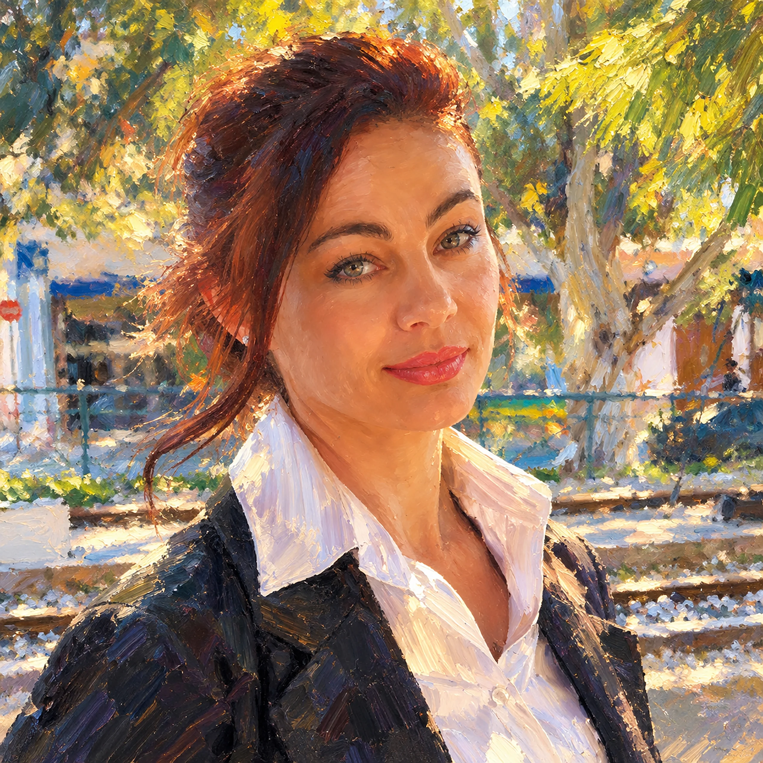 Female portrait in sunlight, impressionist oil painting