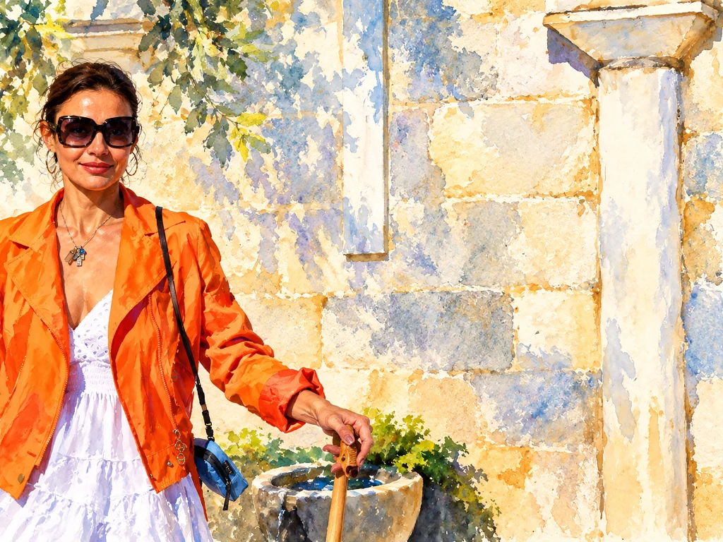 Mediterranean watercolor portrait, woman in orange jacket