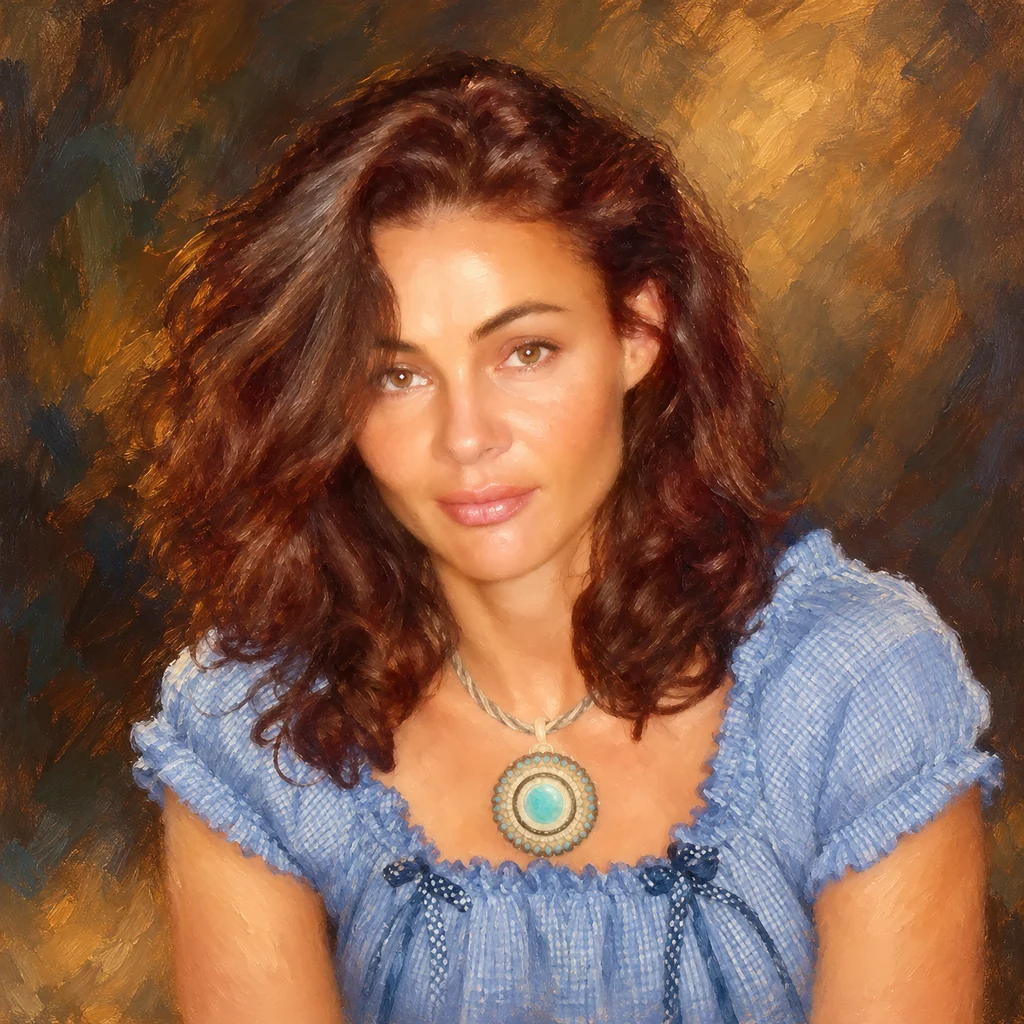 Classical female oil portrait with turquoise necklace