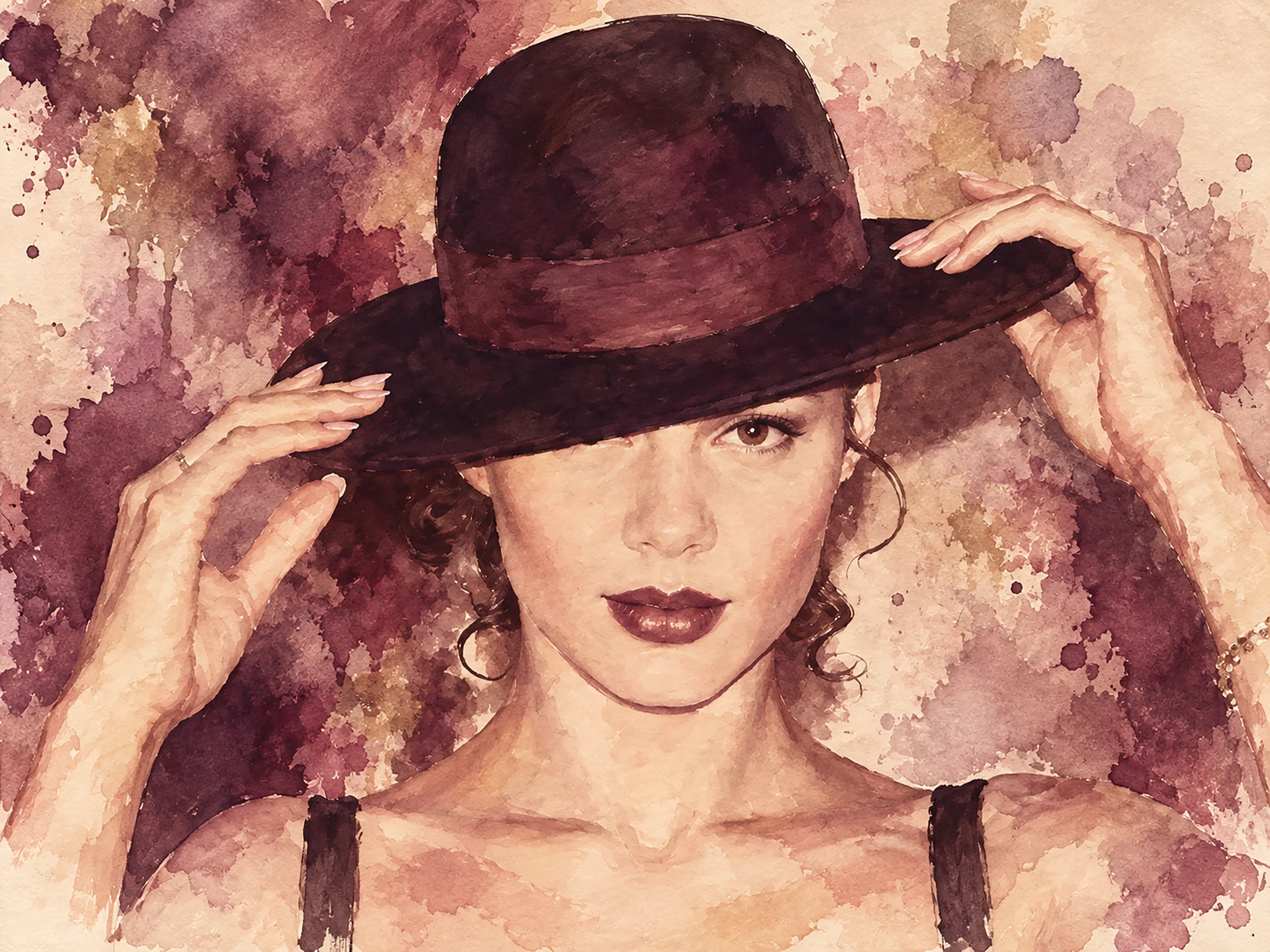 Vintage watercolor portrait of woman with wide-brimmed hat