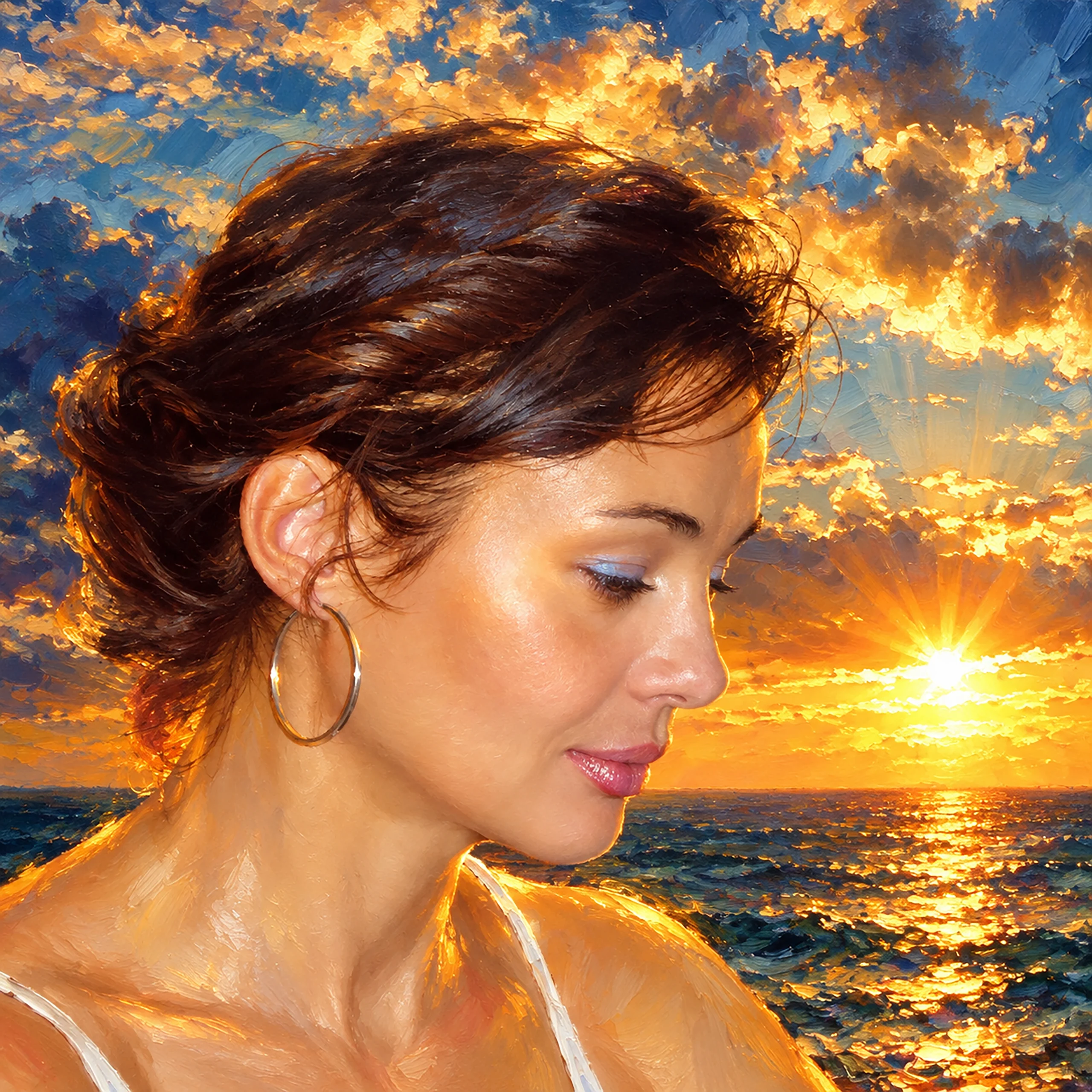 Sunset female portrait, impressionist oil painting