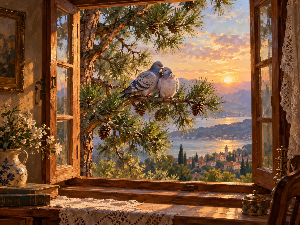 Two loving doves on a pine branch outside an open wooden window at sunset, romantic digital oil painting.