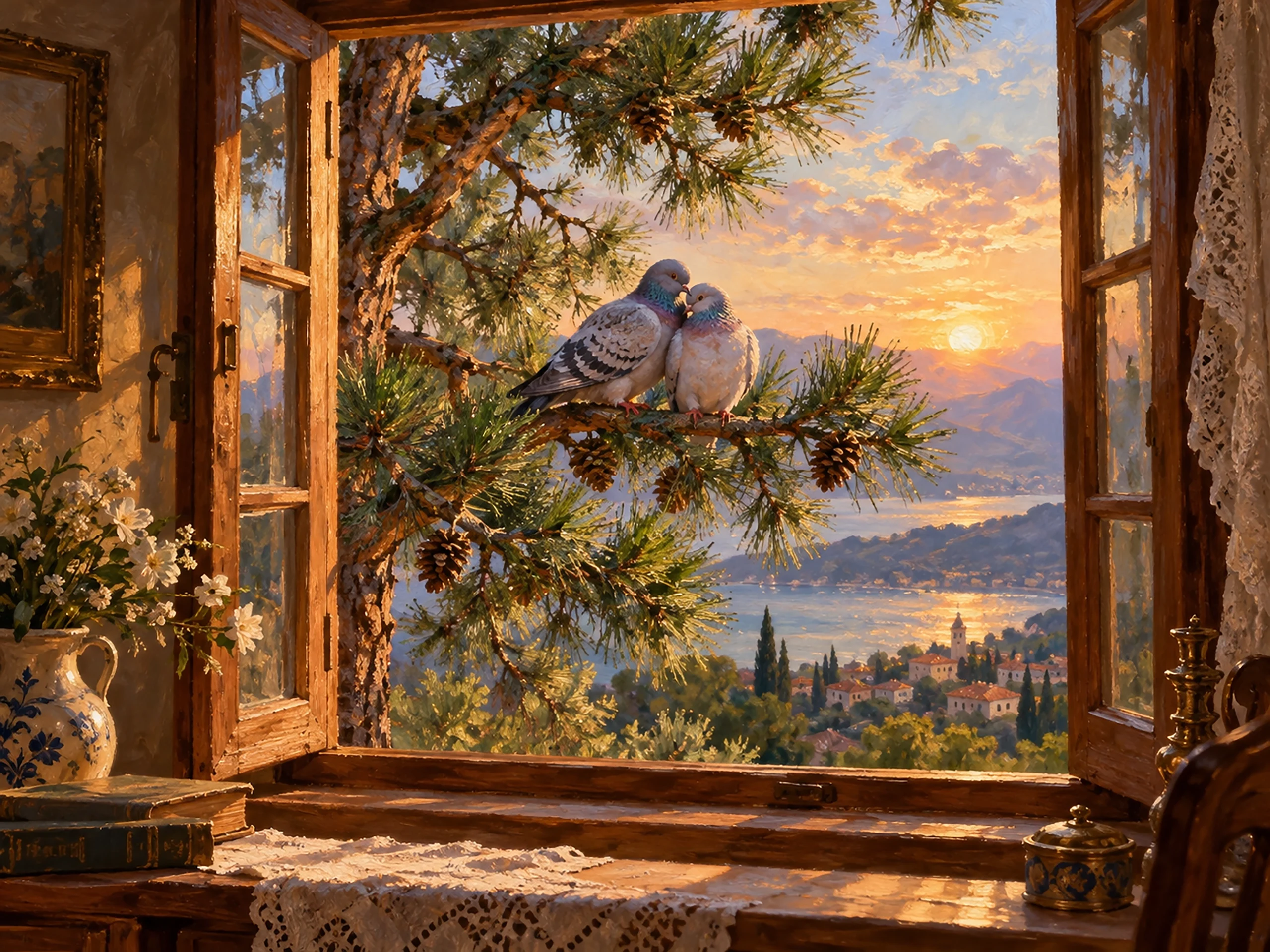 Two loving doves on a pine branch outside an open wooden window at sunset, romantic digital oil painting.
